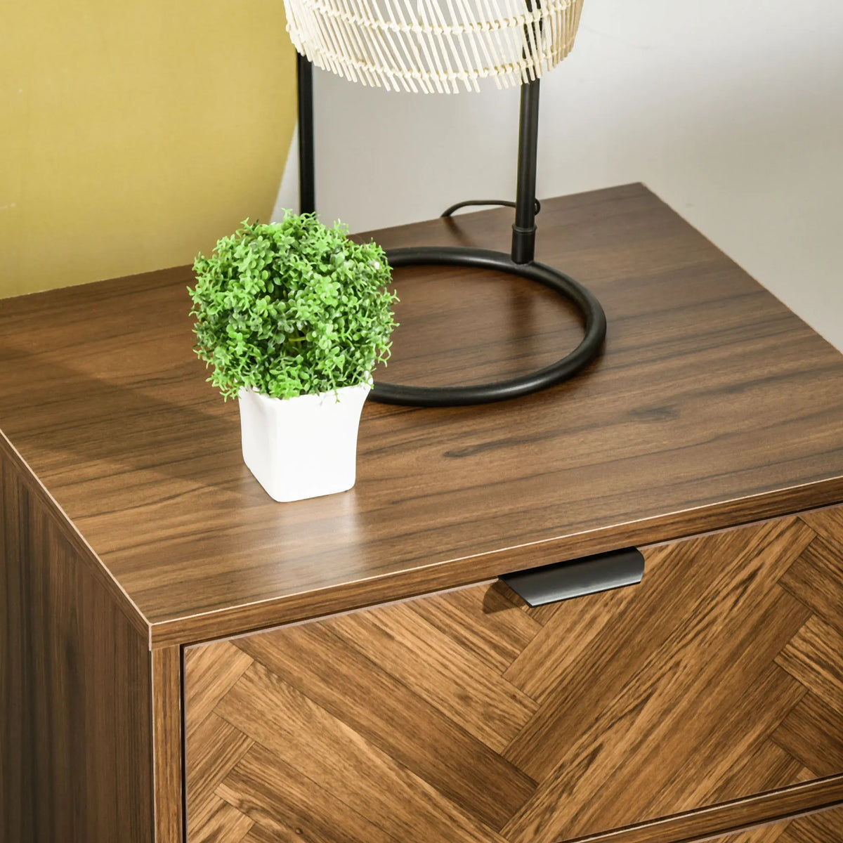Two-Drawer Herringbone Bedside Table, Bedroom Storage Cabinet, Brown