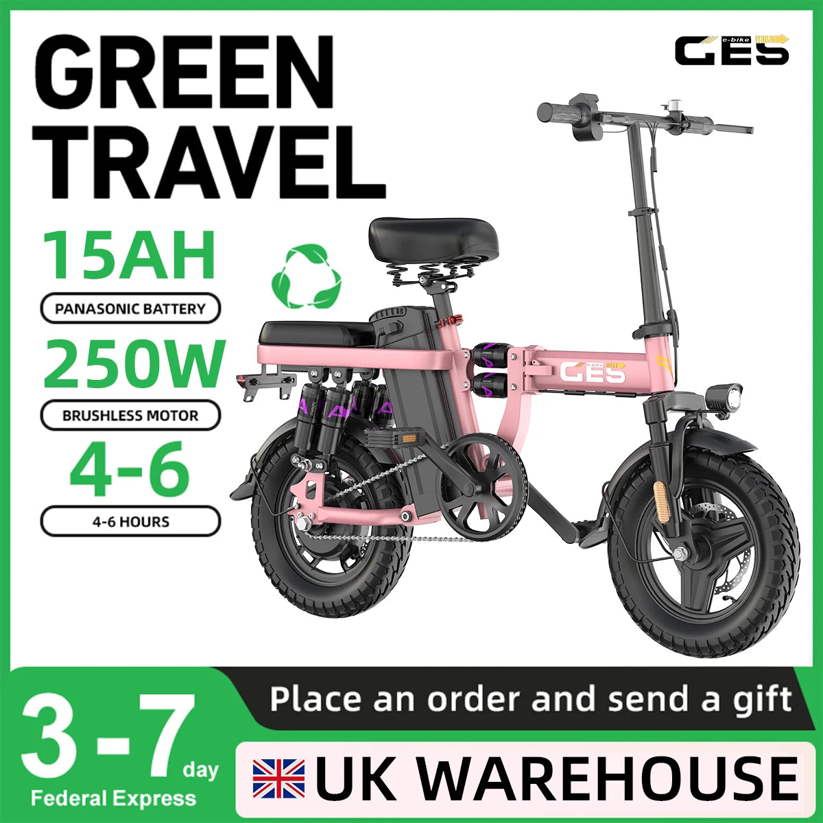 GE5 14 Inch Folding Electric Bike with 250W Motor and 48V Removable Battery, Pink