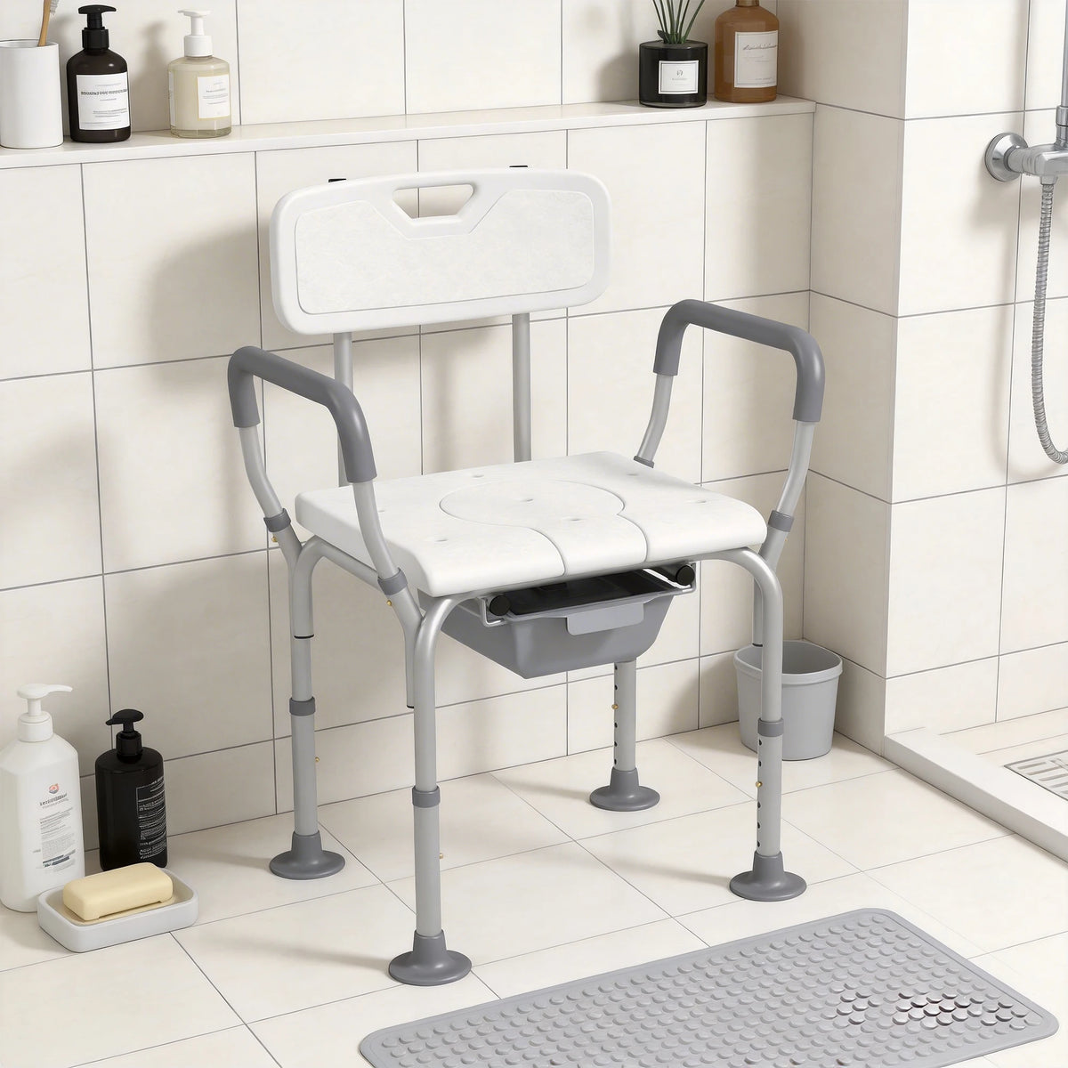 3-in-1 Height-Adjustable Shower Chair and Commode with Back and Arms, White