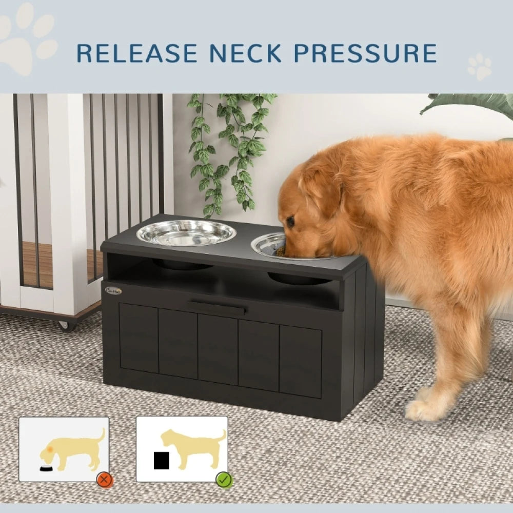 PINGGO Raised Dog Bowl Slow Feeder Station 60x30x35cm Stainless Steel Drawer for Large XL Dogs Black