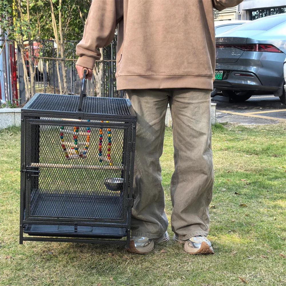 Heavy-Duty Metal Travel Bird Cage with Handle, Perches and Toys, 58 x 46 x 56cm