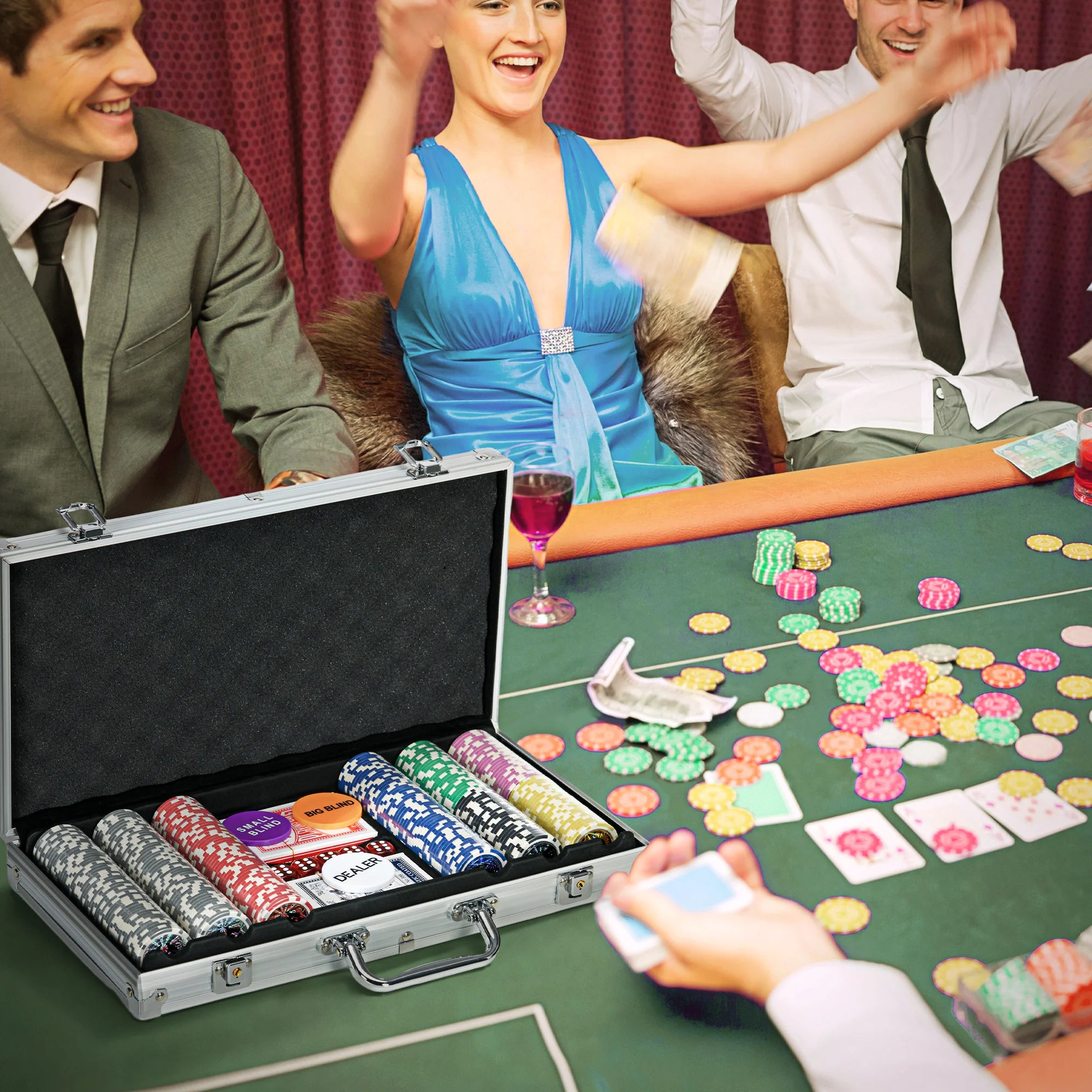 300 Piece Poker Chips Set with Aluminium Case Mat Two Card Decks Dealer Button and Dice for Up to 8 Players
