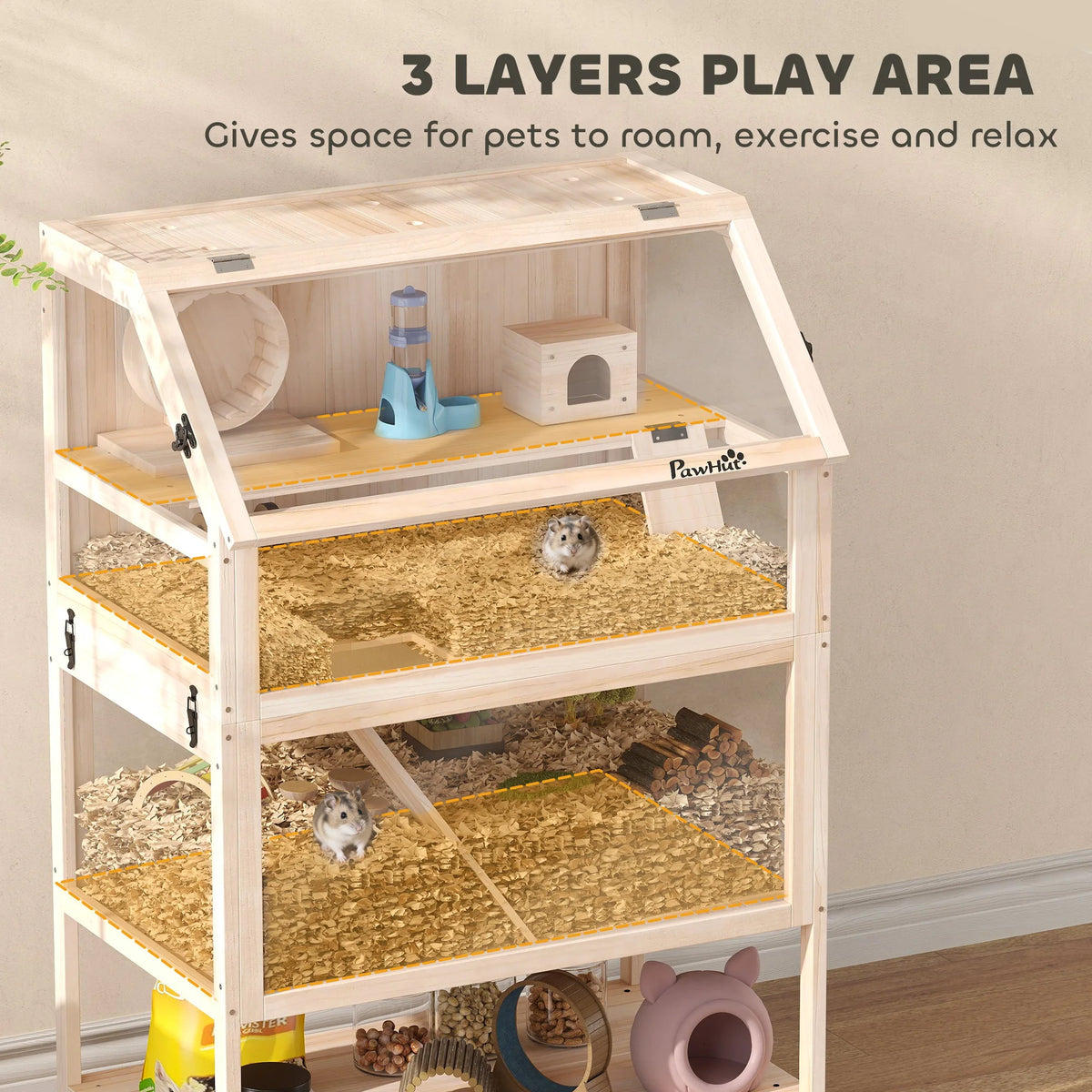 3 Tier Wooden Hamster Cage 80x53x117cm Gerbil Cage with Acrylic Panels Wheel Seesaw and Storage Shelf
