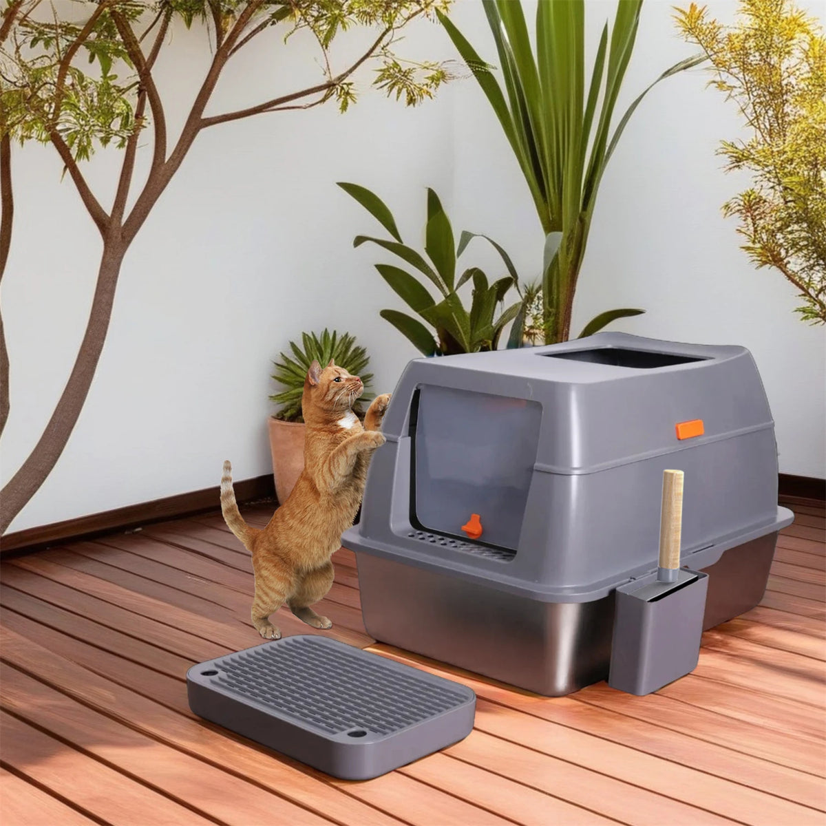 XL Enclosed Cat Litter Box, Stainless Steel Tray with High Wall Sides