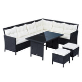 6 Piece Rattan Corner Dining Sofa Set 7 Seater with Footstools Glass Table Cushions UV Resistant Garden Patio