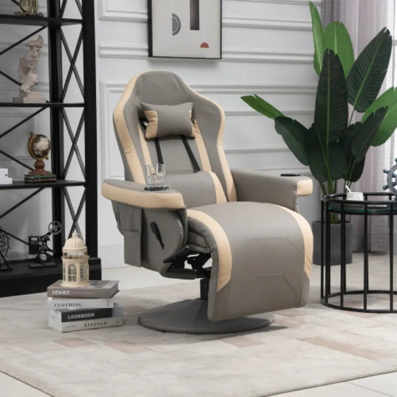 Grey PU Leather Manual Recliner Armchair with 135° Recline and 360° Swivel | Lounge Chair with Footrest and Cup Holder