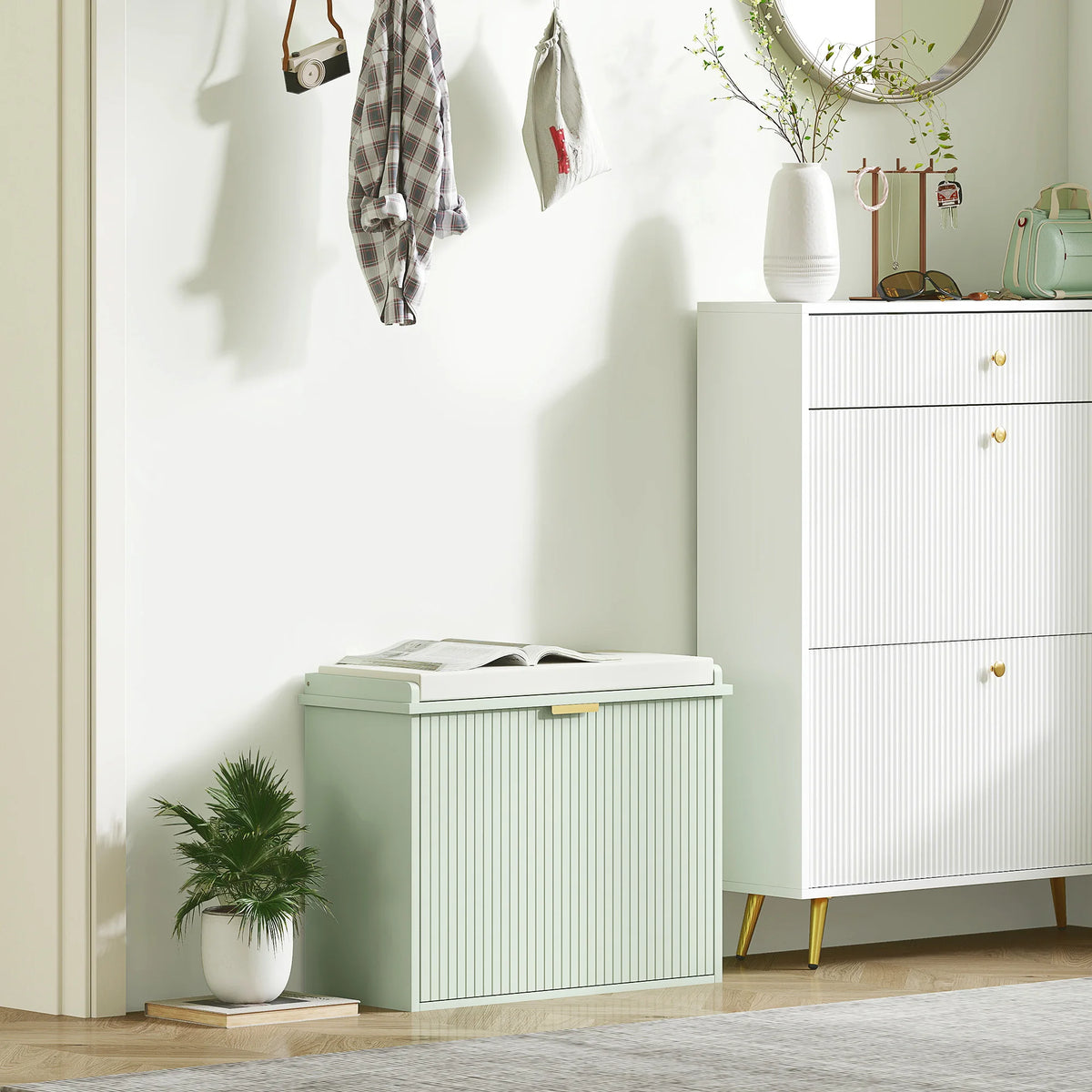 Shoe Storage Bench with Cushioned Seat and Flip Drawer, 62 x 26 x 47.5 cm, Green