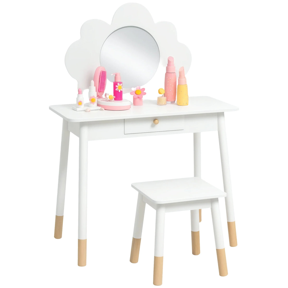 Kids Dressing Table and Stool Set with Cloud Mirror and Drawer, Ages 3–6, White