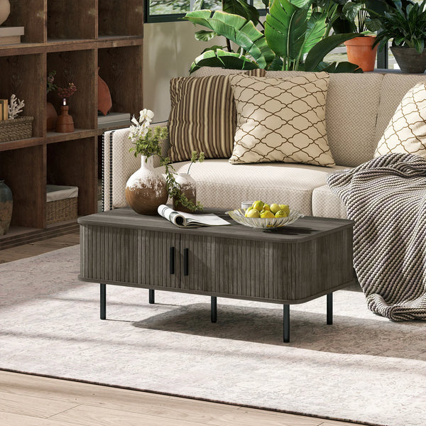 Coffee Table with Storage and Sliding Tambour Doors, Grey Wood-Effect