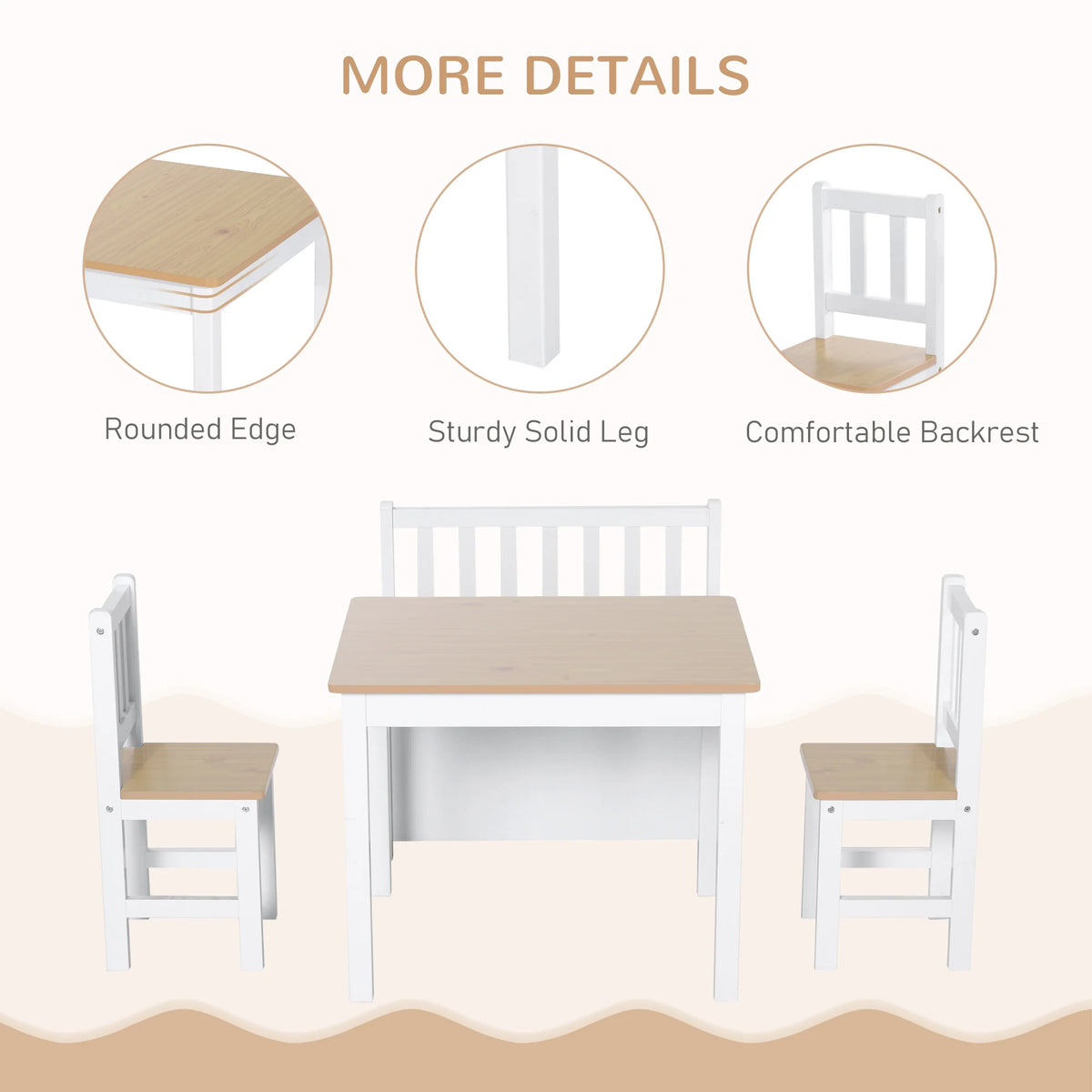 4-Piece Kids Table and Chair Set with 2 Wooden Chairs, 1 Storage Bench