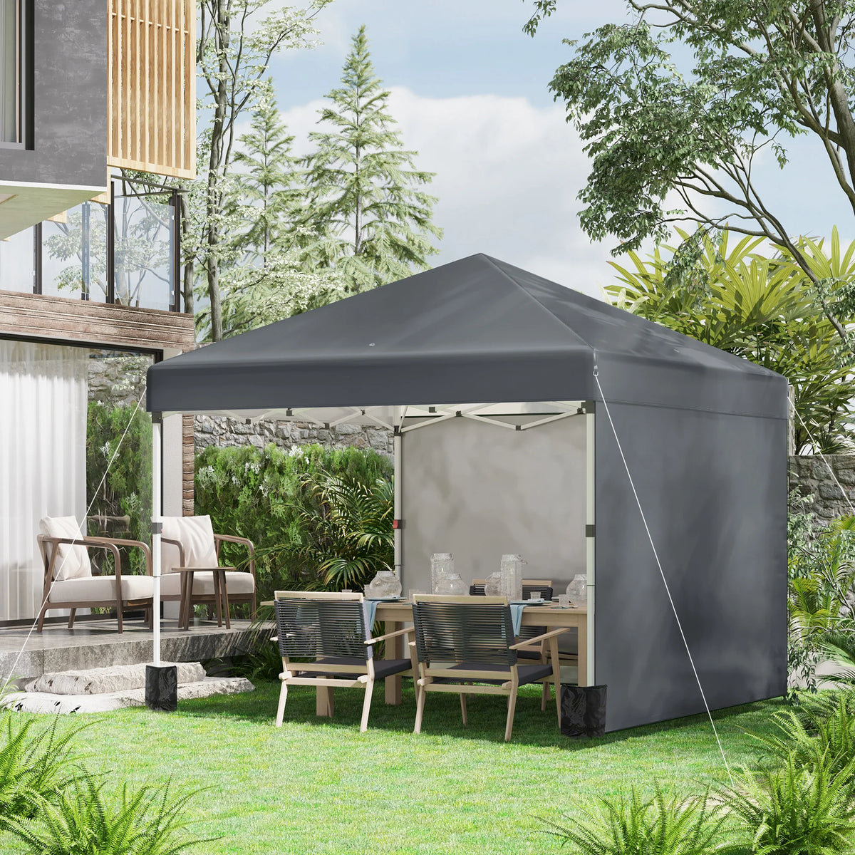 3 x 3m Pop-Up Gazebo with 2 Sidewalls, Sandbags and Wheeled Bag, Dark Grey
