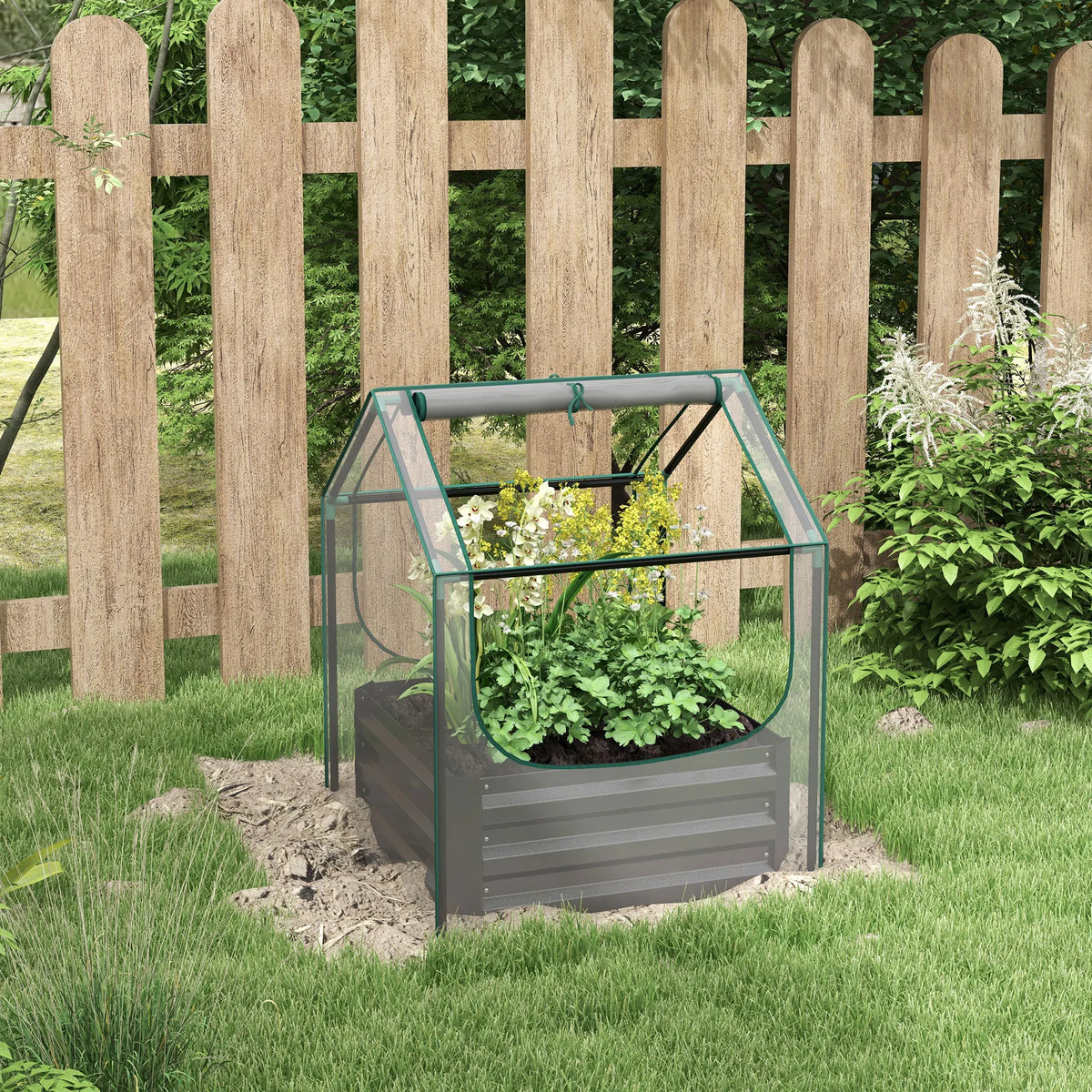 Raised Garden Bed with Greenhouse Cover, Planter Box, Clear and Dark Grey