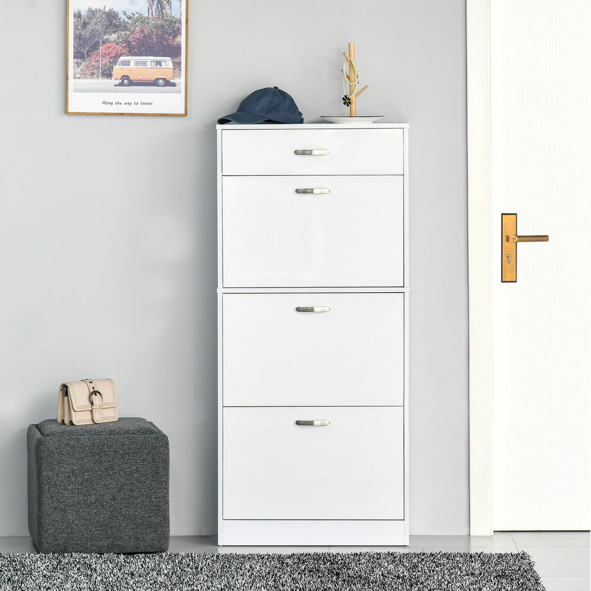 High Gloss Shoe Cabinet with 4 Drawers, Shoe Storage for 18 Pairs, White