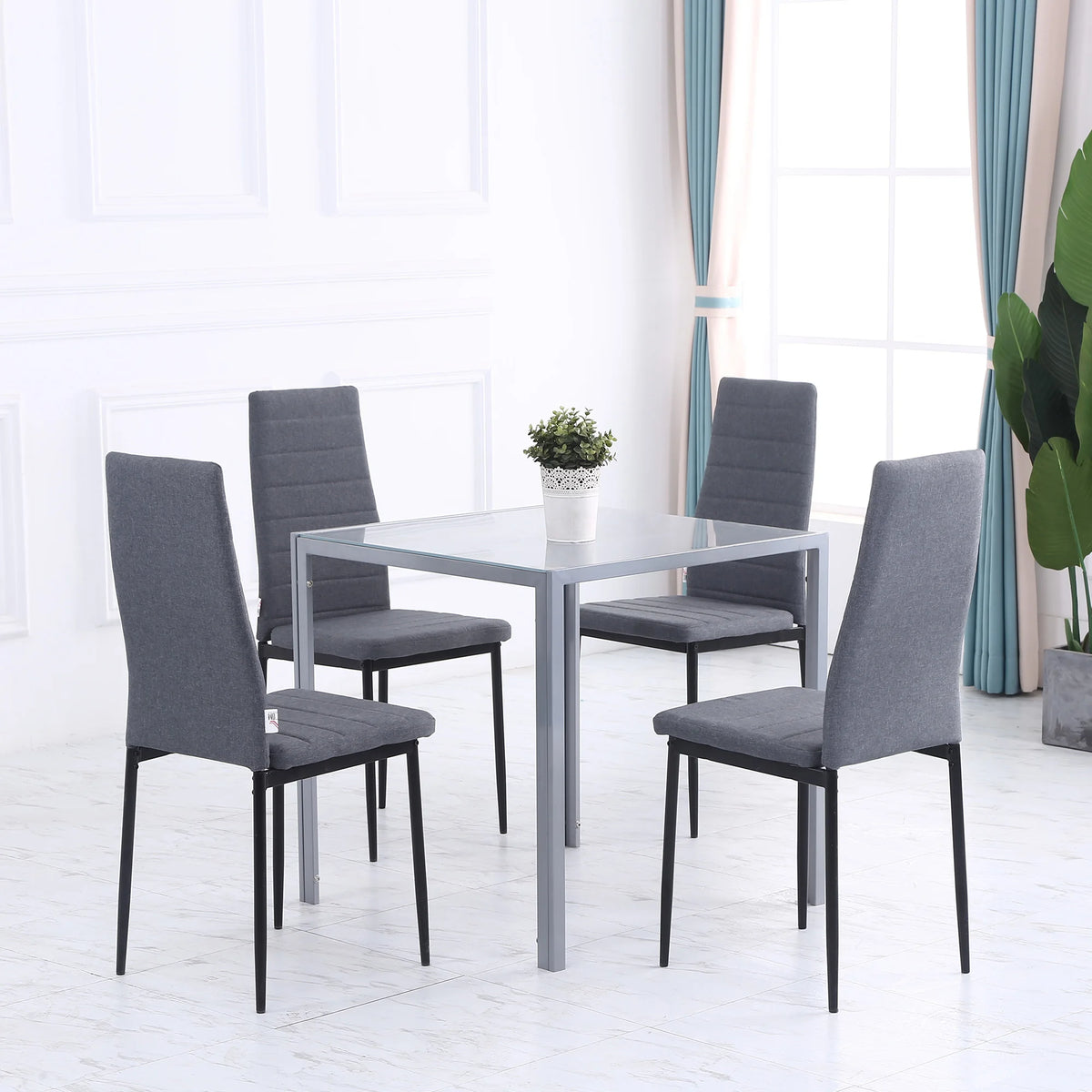 Square Dining Table with 6mm Tempered Glass Top Powder Coated Steel Legs Seats 2-4 for Kitchen