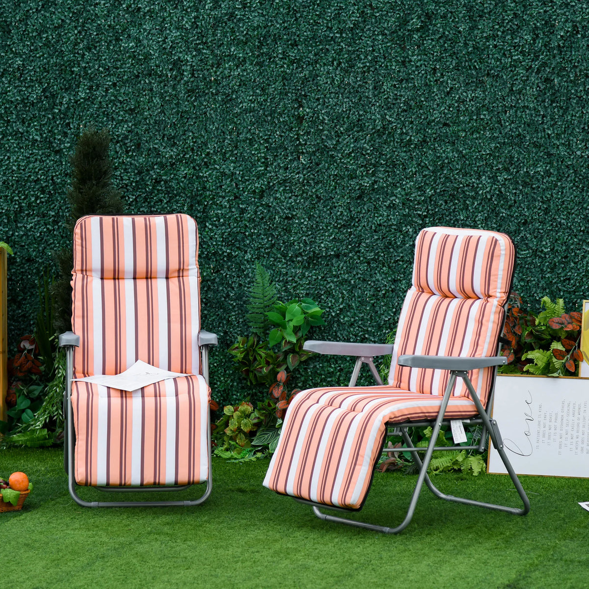 Set of 2 Garden Sun Loungers, Foldable Adjustable Reclining Seats, Orange and White
