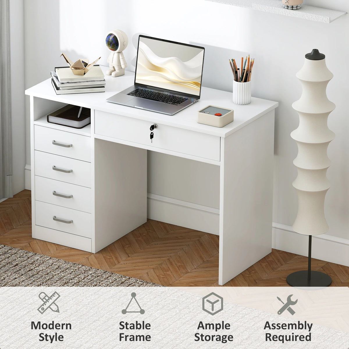 Computer Desk with 5 Drawers and Lockable Drawer, Home Office Writing Desk, 110 x 50 x 76 cm, White