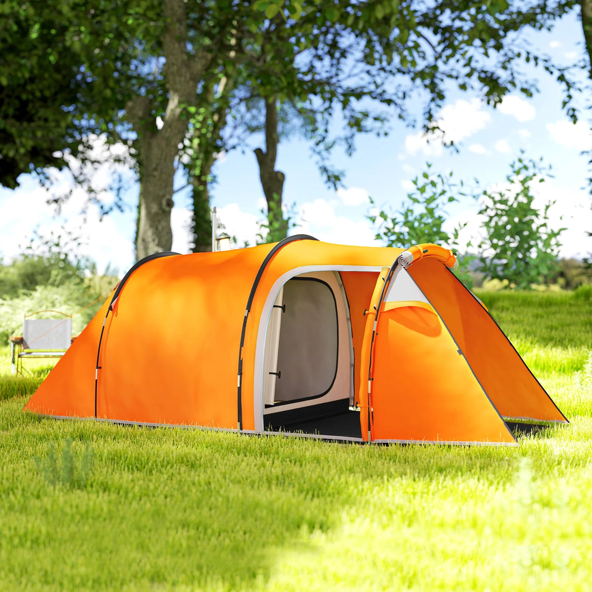 2-3 Person Tunnel Tent with Sewn In Groundsheet Front Porch 2000mm Waterproof Fibreglass Poles Orange