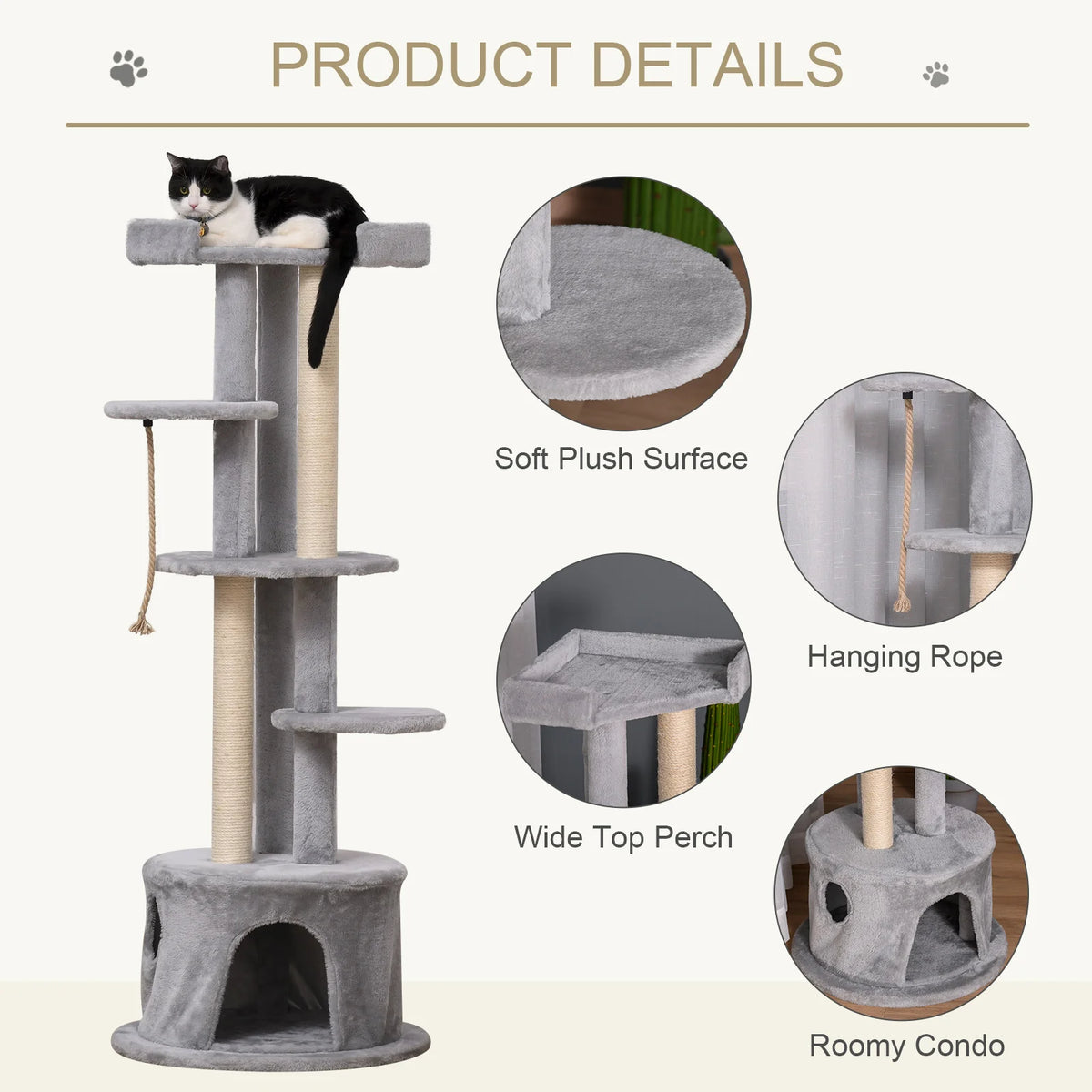 Cat Tree Kitten Tower with Scratching Post, Condo and Plush Perches, Grey