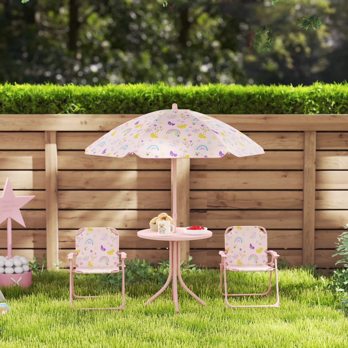 Kids Garden Table and Chair Set with Parasol 4 Piece Folding Outdoor Patio Set Rainbow Design Pink