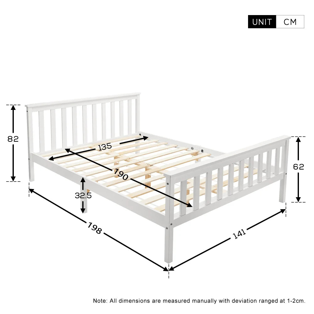 4ft6 Double Wooden Bed Frame, White Solid Pine, No Box Spring Needed