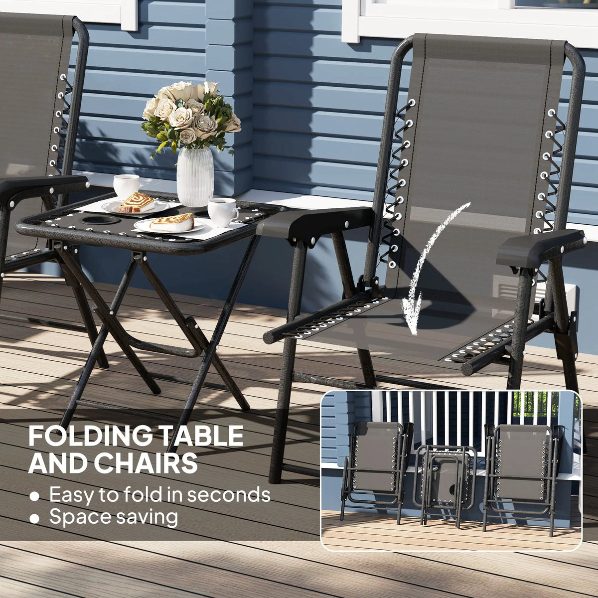 3 Piece Garden Bistro Set, Folding Table and Chairs with Cup Holders, Dark Grey