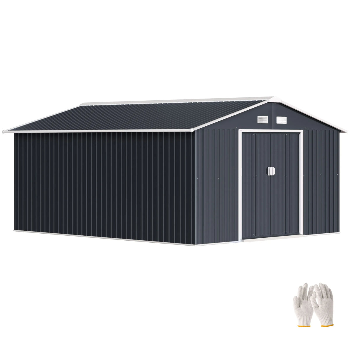 13 x 11ft Metal Garden Shed, Outdoor Storage Tool House with Ventilation Slots, Grey