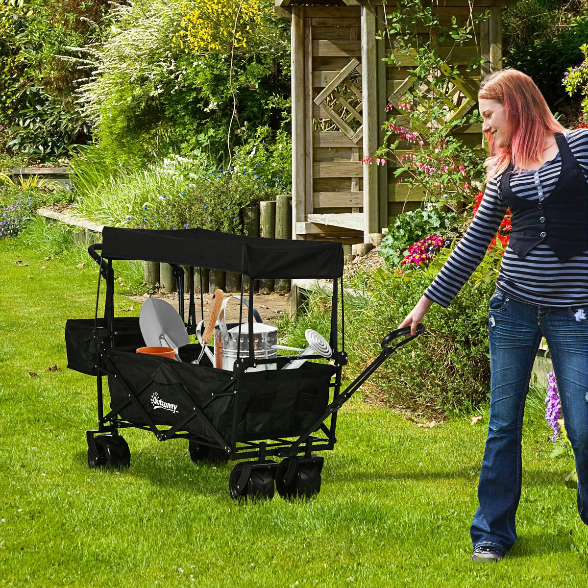 Folding Trolley Cart 68kg with 4 Wheels Telescopic Handle Canopy Side Pocket and Cup Holder Black