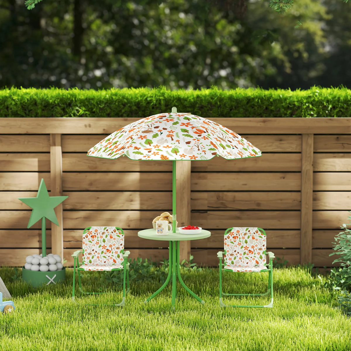 Kids Garden Table and Chair Set with Removable Parasol Fox Design 4 Piece Folding Steel for Ages 2-5 Green
