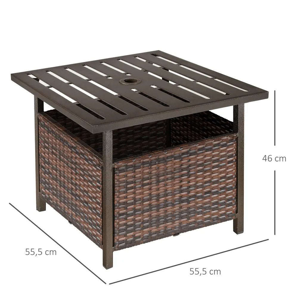 Rattan Garden Coffee Table 55.5cm Square with Umbrella Hole Storage Box Powder Coated for Patio Balcony Brown