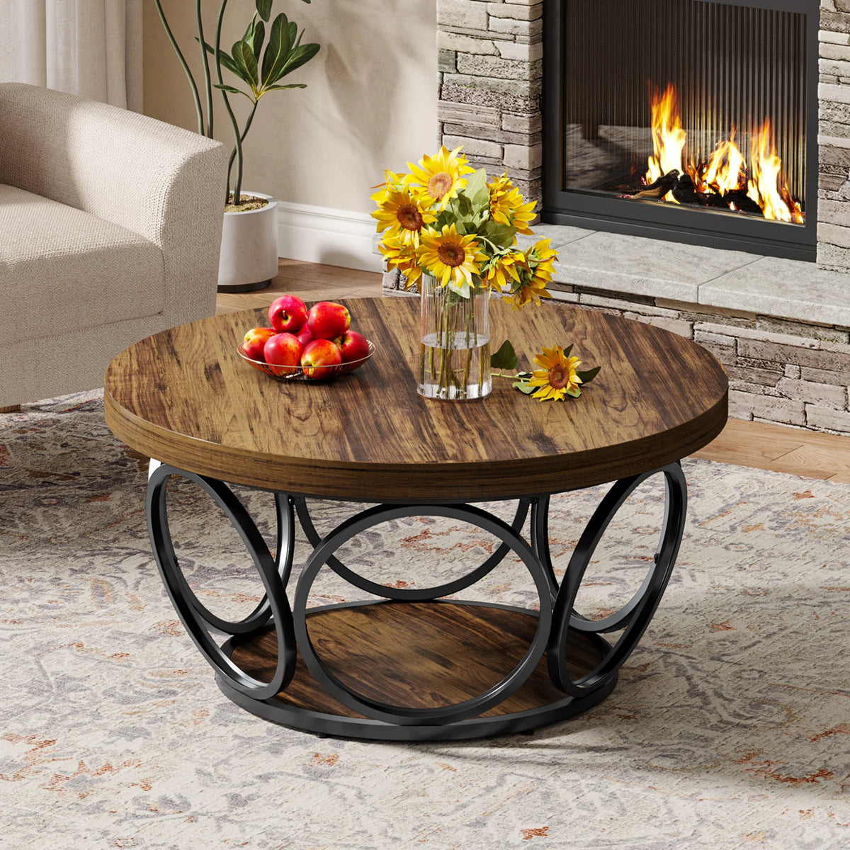 Round Coffee Table 80cm Wooden Center Table with 2 Tier Storage Farmhouse Style