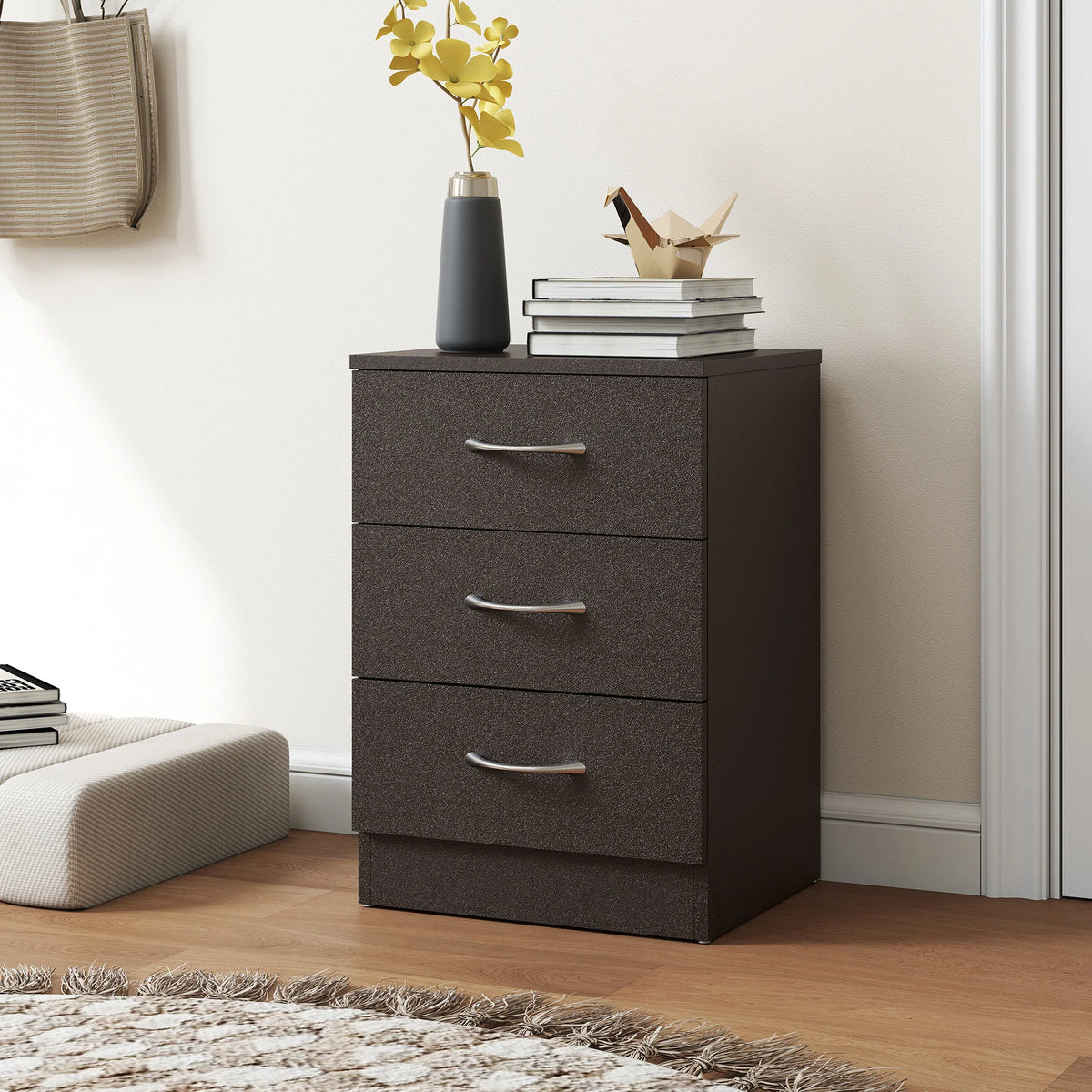 Modern 3-Drawer Bedside Table, Black Wood-Effect