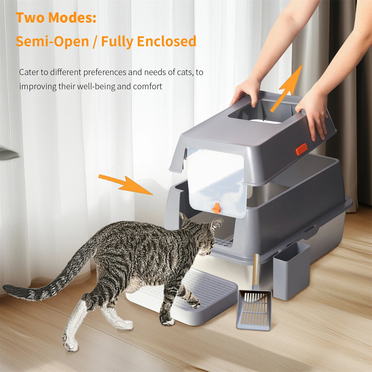 XL Enclosed Cat Litter Box, Stainless Steel Tray with High Wall Sides