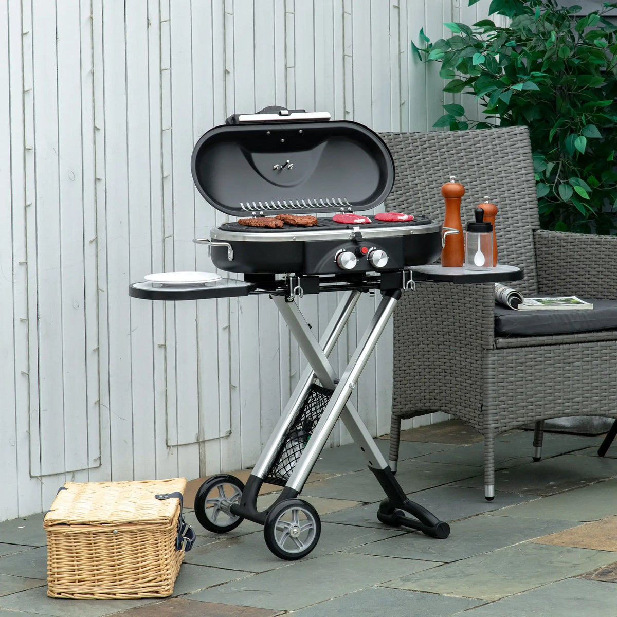 Foldable 2 Burner Gas BBQ Grill Trolley with Side Shelves Mesh Pocket Thermometer and Wheels