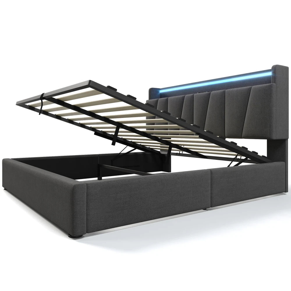 4ft6 Double Upholstered Bed Frame with LED Lighting & USB Charging Storage Headboard, Grey Linen