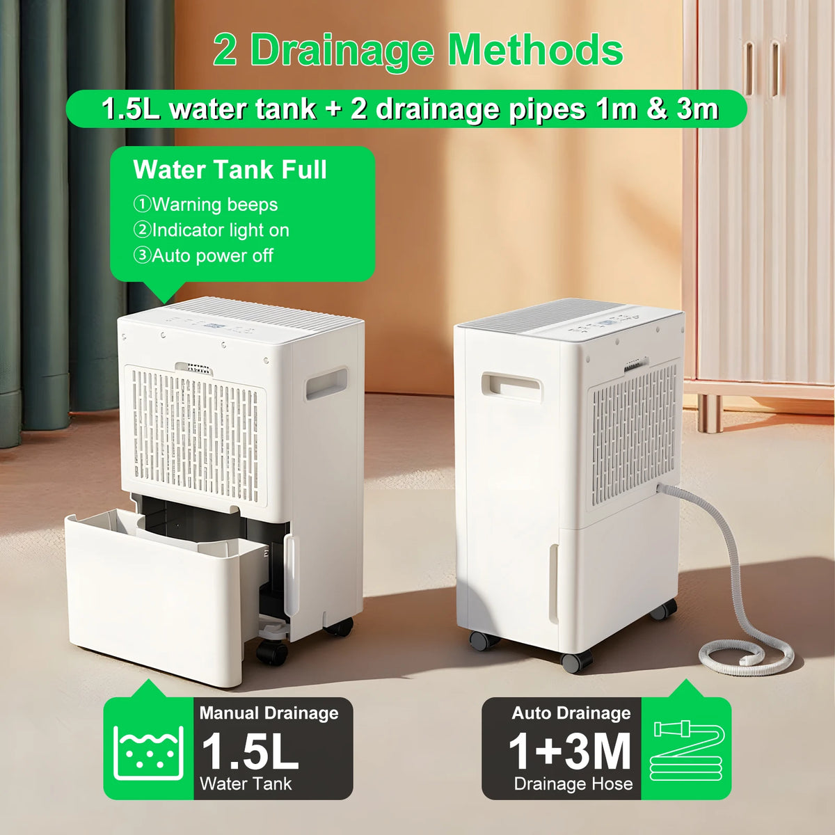 8L per Day Dehumidifier with Drainage Hose and Humidity Control