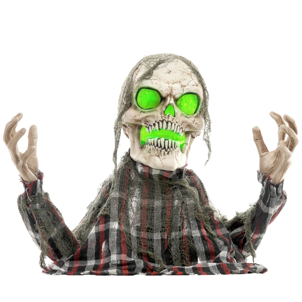 Groundbreaker skeleton Halloween animatronic with glowing green head