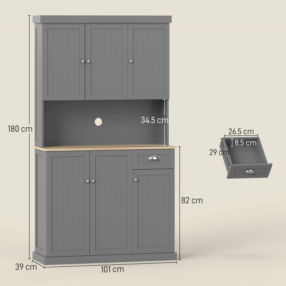 Freestanding Kitchen Pantry Cabinet with Adjustable Shelves and Drawer, Grey