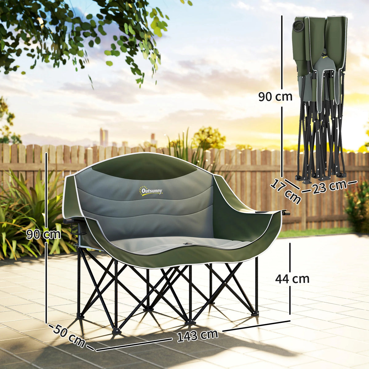 Folding Double Camping Chair with Armrests and Cup Holders, Green