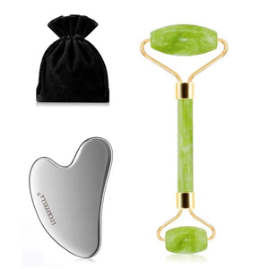 Skin Care Quartz Stone Natural Face Jade Roller Set Cooling Eye Gua Sha Tool Facial Beauty Massage for Face Jade Wheel Green