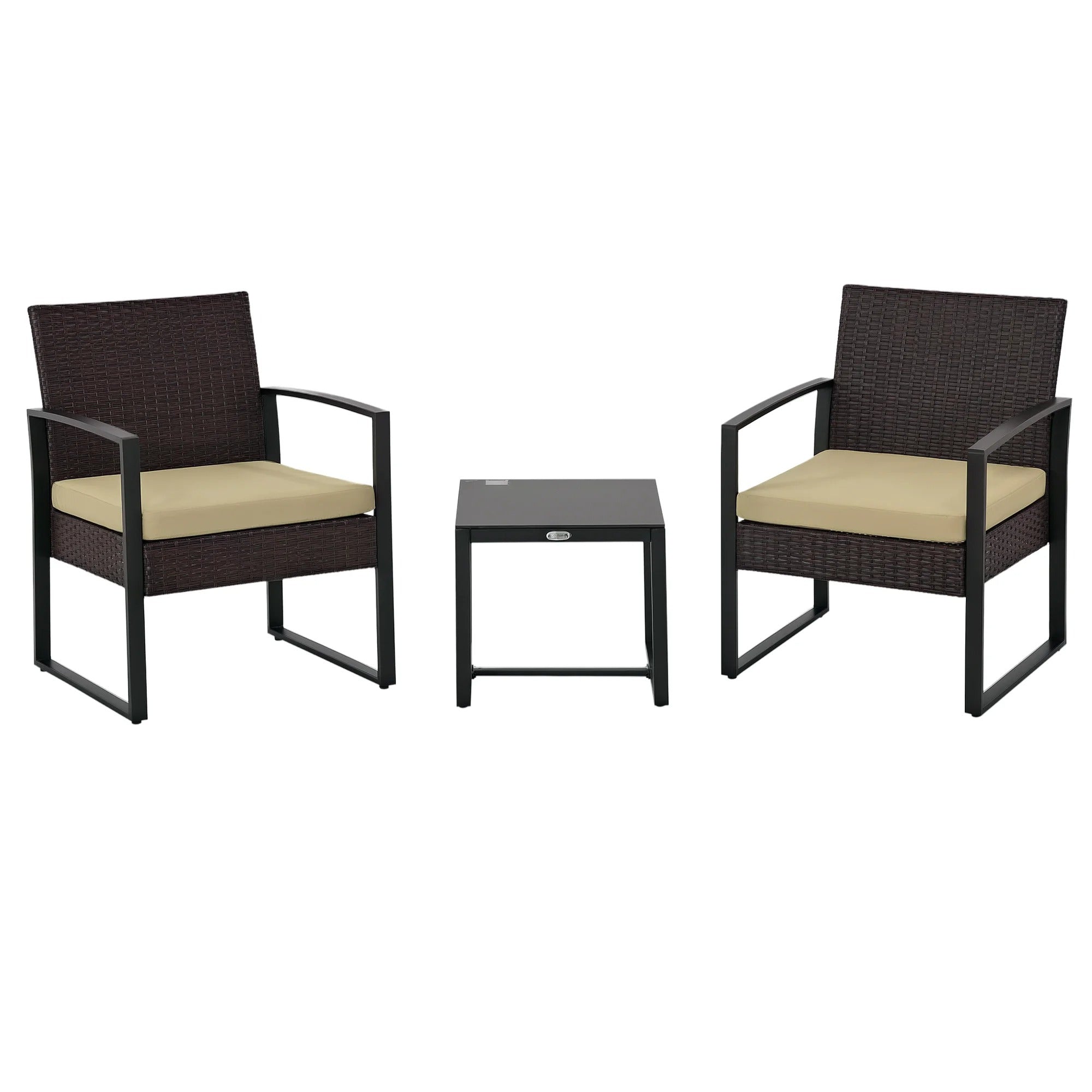 3-Piece Rattan Patio Bistro Set with 2 Cushioned High-Back Chairs and Glass Side Table