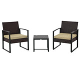 3-Piece Rattan Patio Bistro Set with 2 Cushioned High-Back Chairs and Glass Side Table